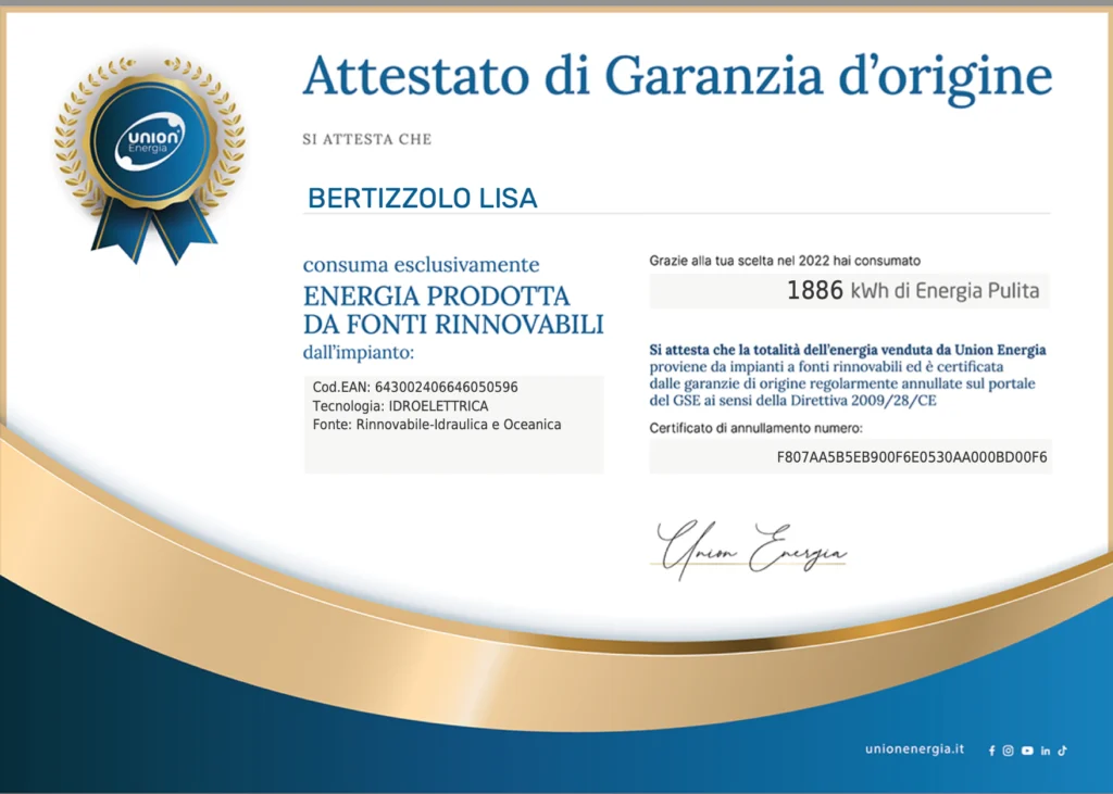 Attestato di garanzia d'origine tecnologia idroelettrica